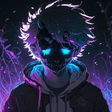 a boy with glowing blue eyes and a skull on his head is standing in the dark .