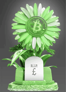 a green flower with a coin in the center and a gravestone that says r.i.p. on it