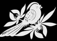 a black and white drawing of a bird on a flower branch