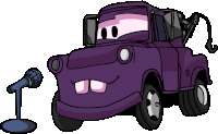 a cartoon drawing of a purple tow truck with a microphone next to it