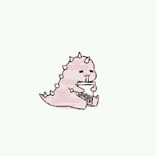 a drawing of a pink dinosaur holding a cup of bubble tea .