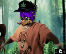 a duck wearing a squirrel t-shirt and a hat with a marijuana leaf