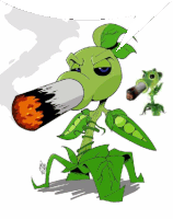 a cartoon drawing of a green plant with a cigarette in its mouth