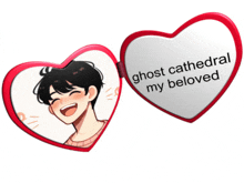 a heart shaped mirror with a picture of a boy and the words ghost cathedral my beloved