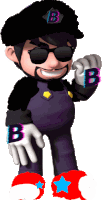 a cartoon character with the letter b on his sleeves