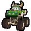 a green monster truck with horns is driving down a road .