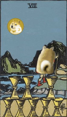 a doge is standing on a tarot card holding a cane .