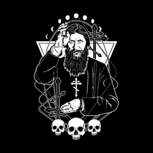 a black and white drawing of a man with a beard and a cross surrounded by skulls