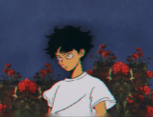 a drawing of a boy with red eyes standing in front of roses