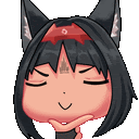 a cartoon girl with black hair and cat ears is holding her hand to her chin .