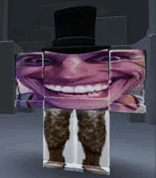 a man with a top hat and a purple face is wearing a pair of pants .