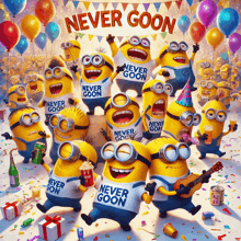 a group of minions wearing shirts that say never goon on them