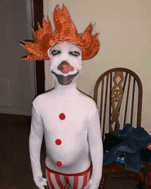 a child dressed up as a clown with red hair