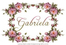 the name gabriela is surrounded by pink flowers and leaves .