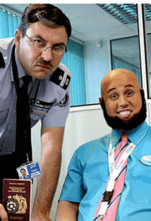 a man in a blue shirt and pink tie is holding a passport