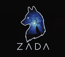 a silhouette of a wolf howling at the moon with the word zada underneath it