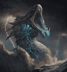 a painting of a dragon in the clouds with lightning