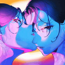 a painting of a couple kissing each other with a blue background