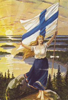 a painting of a woman holding a flag with a blue cross on it