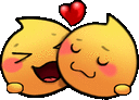 two smiley faces are hugging each other with a red heart between them .