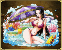 a cartoon of a woman in a bikini holding an umbrella in the water .