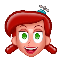 a cartoon girl with red hair and green eyes has a propeller in her hair