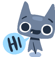 a cartoon cat says hi in a blue bubble