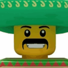 a lego man wearing a green sombrero and a mustache is smiling