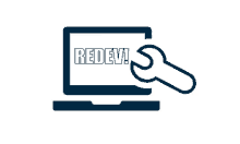 an icon of a laptop with the words redev written on it