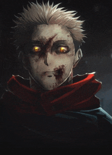 a drawing of a man with blood on his face and yellow eyes