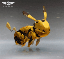 a painting of a yellow robotic pikachu flying in the air .