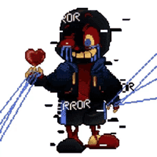 a pixel art of error sans holding a heart in his hand