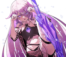 a drawing of a girl with long purple hair and a sword