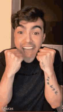 a man with a tattoo on his wrist is making a funny face