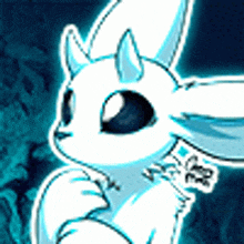 a drawing of a white rabbit with horns on a dark background .