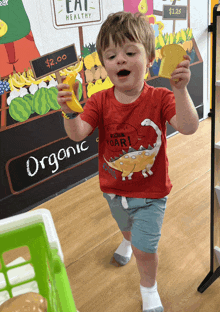 a little boy wearing a red shirt that says " organic "