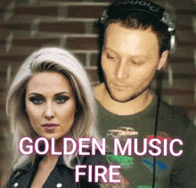 a man and a woman are standing next to each other in front of a brick wall with the words golden music fire on the bottom