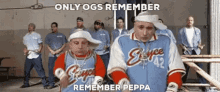 a group of men are standing in a room with the words only ogs remember remember peppa on the bottom .