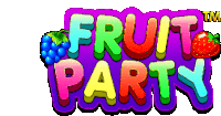 a colorful logo for fruit party with a strawberry and blueberry