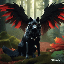 a black wolf with red wings is sitting on a rock with wonder written on the bottom