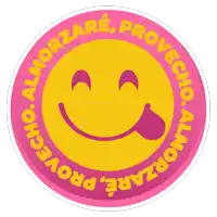 a pink and yellow circle with a smiley face and the words " almorzare proverbio " around it