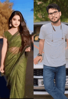 a woman in a green saree and a man in a white shirt