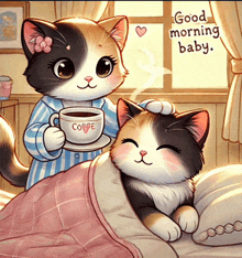 a calico cat holding a cup of coffee next to a calico cat laying on a bed