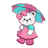 a teddy bear wearing a pink dress and holding a pink and blue umbrella