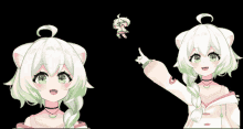 a girl with white hair and green eyes is pointing at a cartoon character