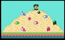 a pixel art of a man sitting on top of a pile of sand surrounded by gems .