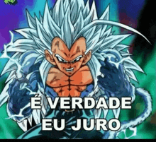 a cartoon of a dragon ball z character with a lot of hair and a caption that says `` é verdade eu juro '' .