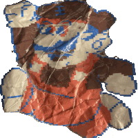 a piece of crumpled paper with a pixelated image of a teddy bear on it