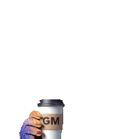 a person holding a cup of coffee that says gm on the sleeve