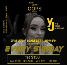 a poster for yael jenn oops presenting every sunday